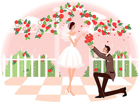 EPS 주간 구름 커플 드레스 여자 남자 웨딩드레스 결혼 프로포즈 일러스트 사람 정장 턱시도 야외 두명 울타리 장미 국내일러스트 자연요소 옷 꽃 관계 이벤트 담장 파일형식 벡터