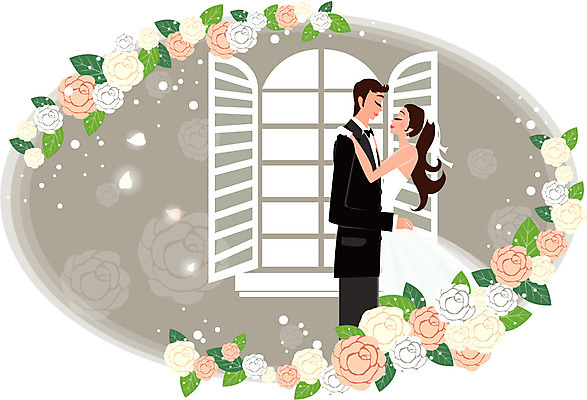 EPS 커플 드레스 여자 남자 꽃 행복 웨딩드레스 결혼 일러스트 창문 포옹 사랑 사람 정장 턱시도 두명 장미 창가 국내일러스트 식물 옷 감정 관계 안기 이벤트 파일형식 벡터