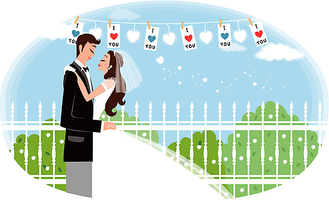 EPS 주간 나무 구름 드레스 여자 남자 꽃 행복 웨딩드레스 결혼 일러스트 포옹 하늘 사랑 사람 정장 턱시도 야외 두명 울타리 장미 하트 빨랫줄 국내일러스트 자연요소 모양 식물 옷 감정 줄 안기 이벤트 담장 파일형식 벡터