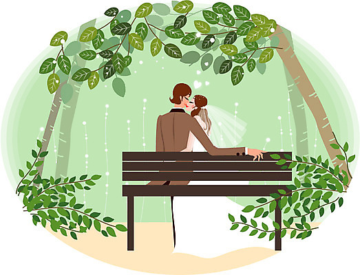 EPS 주간 나무 드레스 여자 남자 행복 웨딩드레스 결혼 벤치 일러스트 나뭇잎 키스 사랑 사람 정장 턱시도 야외 두명 장미 풀 신랑신부 국내일러스트 자연요소 식물 옷 꽃 감정 신부_웨딩 신랑 잎 의자 이벤트 애정표현 파일형식 벡터