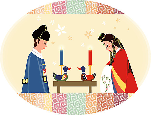 EPS 여자 남자 결혼 꽃무늬 패턴 일러스트 촛불 실내 사람 두명 전통문양 전통의상 한복 원앙 전통혼례 사모관대 활옷 국내일러스트 한국전통 전통 문양 꽃 무늬 초 조류 이벤트 내부 전통의례 혼례복 파일형식 벡터