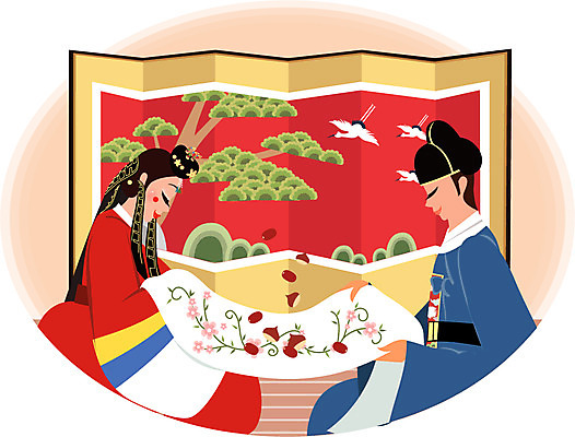 EPS 여자 남자 결혼 일러스트 실내 사람 두명 전통의상 한복 전통혼례 대추 병풍 폐백 사모관대 활옷 국내일러스트 한국전통 전통 이벤트 내부 전통의례 혼례복 파일형식 벡터