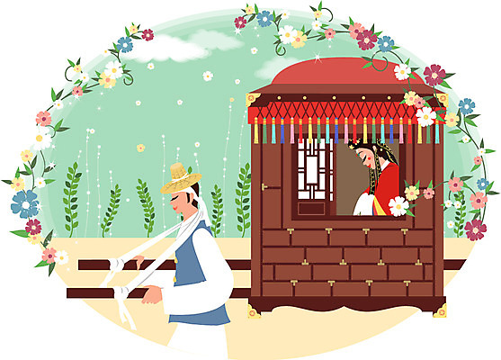 EPS 주간 여자 남자 꽃 신부 결혼 가마_이동수단 일러스트 사람 야외 두명 풀 전통의상 한복 전통혼례 가마꾼 활옷 국내일러스트 자연요소 식물 한국전통 전통 교통수단 이벤트 전통의례 혼례복 파일형식 벡터
