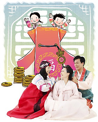 PSD 편집이미지 여자 명절 남자 겨울 가족 복주머니 남매 웃음 사람 앉기 소년 세명 설날 한복 디지털합성 합성 효도 어깨주무르기 이미지편집 한국전통 전통 계절 기념일 어린이 컨셉 관계 모션 전통소품 표정 전통의상 주무르기 파일형식