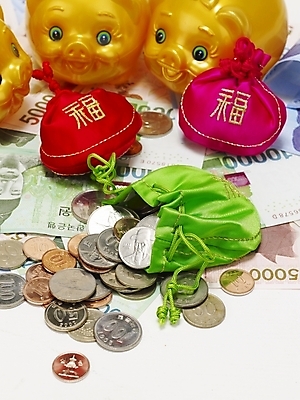 포토 JPG 스튜디오촬영 한국전통 돈 장신구 복주머니 실내 사람없음 금융 경제 동전 돼지저금통 저금통 전통의상 오브젝트 국내포토 전통 전통소품 한국 내부 저축 재산 파일형식