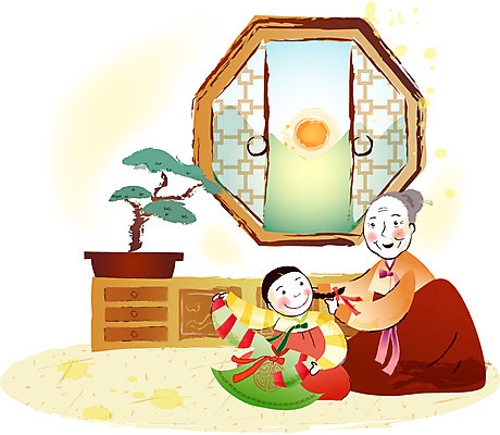 EPS 주간 한국전통 여자 명절 일러스트 창문 새해 한옥 실내 사람 두명 설날 소나무 한복 분재 댕기 설빔 여자만 국내일러스트 자연요소 나무 전통 기념일 고건축 한국 내부 전통의상 파일형식 벡터