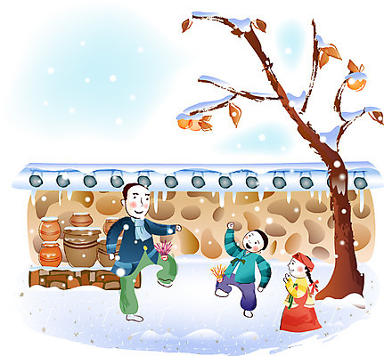 EPS 주간 한국전통 여자 명절 남자 일러스트 가족 새해 사람 야외 세명 담장 설날 전통놀이 눈 항아리 한복 감나무 제기차기 국내일러스트 자연요소 나무 전통 기념일 관계 놀이 날씨 한국 감 도자기 전통의상 파일형식 벡터