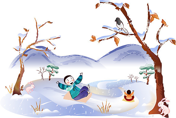 EPS 주간 나무 한국전통 명절 남자 어린이 일러스트 새해 산 사람 야외 두명 설날 토끼 소나무 한복 언덕 썰매 까치 남자만 어린이만 소년만 국내일러스트 자연요소 식물 전통 기념일 포유류 조류 한국 반려동물 전통의상 파일형식 벡터