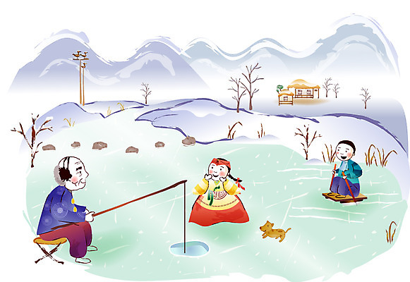 EPS 나무 한국전통 여자 명절 남자 고건축 일러스트 새해 산 초가집 사람 야외 세명 설날 한복 썰매 돌다리 얼음낚시 솟대 징검다리 국내일러스트 식물 전통 건축물 기념일 낚시 한옥 한국 다리_건축물 전통의상 파일형식 벡터