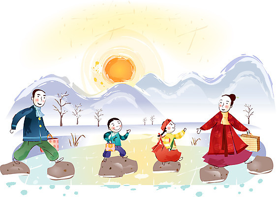 EPS 한국전통 여자 명절 남자 일러스트 가족 새해 산 사람 여러명 야외 설날 일출 개울 한복 돌다리 징검다리 국내일러스트 전통 기념일 다수 관계 한국 강 노을 다리_건축물 전통의상 파일형식 벡터