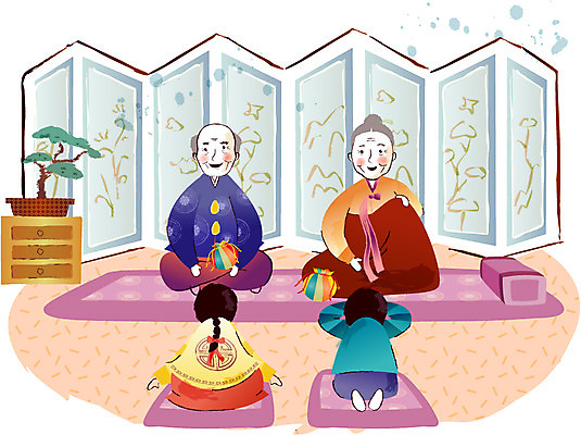 EPS 한국전통 여자 명절 할아버지 노년 남자 할머니 일러스트 가족 손자 손녀 새해 실내 방석 사람 여러명 설날 방 인사 절 한복 손주 세배 분재 노인만 성인만 국내일러스트 나무 전통 기념일 다수 관계 한국 성인 내부 예절 절_인사 전통의상 파일형식 벡터