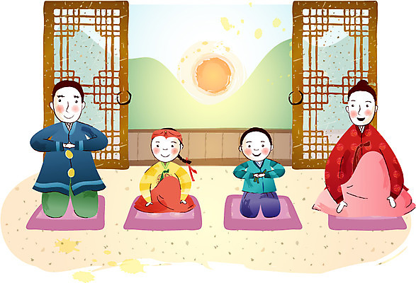 EPS 나무 한국전통 여자 명절 남자 일러스트 새해 방석 사람 여러명 설날 문 일출 절 마루 한복 세배 국내일러스트 식물 전통 기념일 다수 바닥 한국 노을 인사 절_인사 전통의상 파일형식 벡터