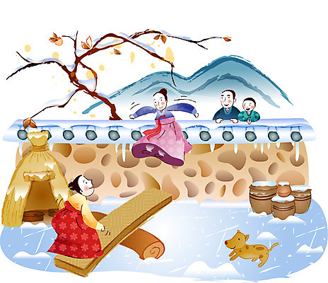 EPS 주간 한국전통 여자 명절 남자 일러스트 가족 새해 기와 사람 여러명 야외 담장 설날 항아리 강아지 한복 감나무 널뛰기 국내일러스트 자연요소 나무 전통 기념일 다수 관계 한국 감 반려동물 전통놀이 도자기 개 전통의상 파일형식 벡터