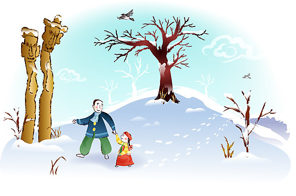 EPS 주간 나무 한국전통 여자 명절 남자 일러스트 새해 사람 야외 두명 설날 한복 발자국 언덕 까치 장승 눈내림 국내일러스트 자연요소 식물 전통 기념일 자국 조류 한국 눈_날씨 전통의상 파일형식 벡터