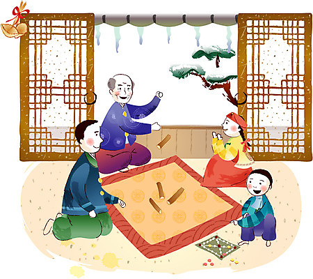 EPS 한국전통 여자 명절 남자 일러스트 가족 새해 실내 사람 여러명 설날 전통놀이 소나무 윷놀이 한복 복조리 문지방 국내일러스트 나무 전통 기념일 다수 관계 놀이 전통소품 한국 내부 문 전통의상 파일형식 벡터