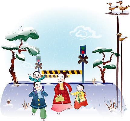 EPS 주간 한국전통 여자 명절 남자 일러스트 새해 사람 야외 세명 설날 한복 솟대 국내일러스트 자연요소 전통 기념일 한국 전통의상 파일형식 벡터