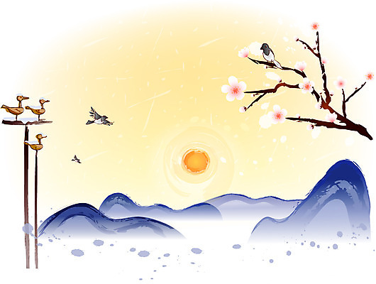 EPS 한국전통 명절 백그라운드 일러스트 하늘 새해 풍경 사람없음 야외 설날 태양 일출 일몰 까치 매화나무 솟대 국내일러스트 자연요소 나무 전통 기념일 조류 한국 노을 파일형식 벡터