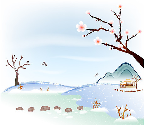 EPS 한국전통 시설물 명절 건축 백그라운드 고건축 한국건축 일러스트 새해 초가집 풍경 사람없음 야외 울타리 설날 동양건축 언덕 돌다리 매화나무 징검다리 국내일러스트 나무 전통 건축물 기념일 한옥 한국 담장 다리_건축물 파일형식 벡터 동양