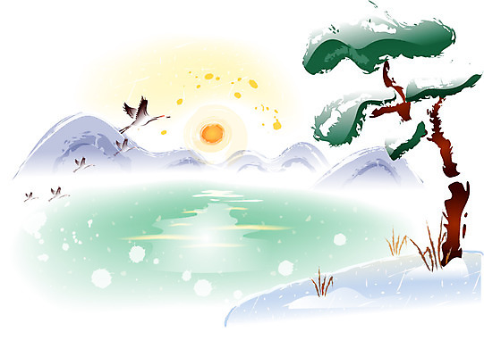 EPS 한국전통 명절 호수 백그라운드 일러스트 하늘 새해 풍경 사람없음 야외 설날 일출 일몰 학 소나무 국내일러스트 나무 전통 기념일 조류 한국 노을 파일형식 벡터