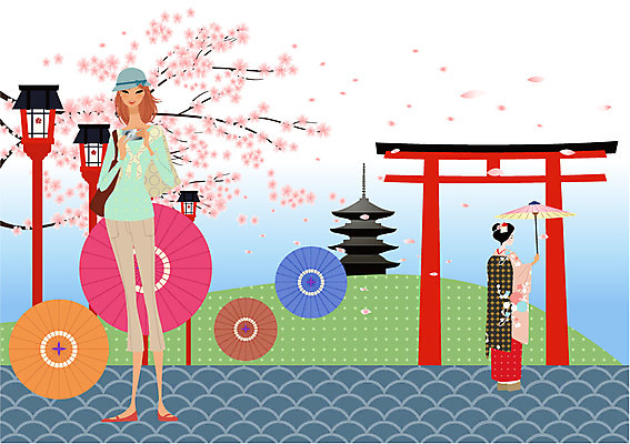 EPS 주간 여자 여행 일러스트 휴가 휴식 전등 사람 취미 야외 두명 라이프 일본 자유 디지털카메라 양산 게이샤 교토 안식처 여자만 국내일러스트 자연요소 아시아 컨셉 조명 생활 카메라 파일형식 벡터