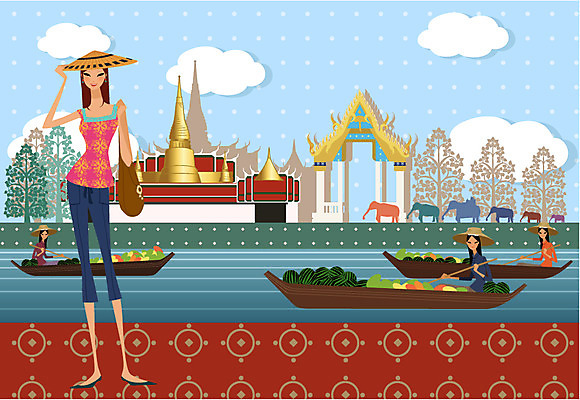 EPS 주간 구름 여자 여행 일러스트 태국 휴가 휴식 코끼리 사람 여러명 취미 야외 라이프 강 자유 사찰 사원 보트 수상시장 안식처 여자만 국내일러스트 자연요소 아시아 다수 컨셉 배_교통 비즈니스 포유류 종교건축 생활 시장 파일형식 벡터