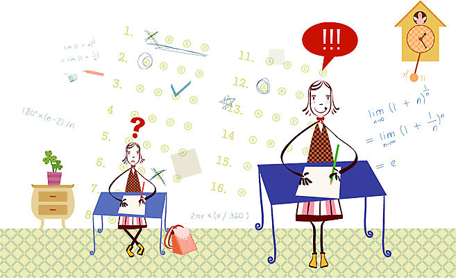 EPS 여자 교육 화분 시계 백그라운드 가방 일러스트 고등학생 고등학교 사람 두명 스쿨라이프 시험 책상 서랍장 답안지 시험시간 여자만 십대만 십대여자만 국내일러스트 학생 라이프스타일 잡화 가구 학교 청소년 파일형식 벡터