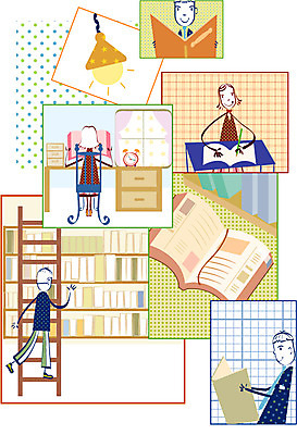 EPS 여자 교육 남자 일러스트 사다리 고등학생 전등 고등학교 사람 두명 생활 책 스쿨라이프 도서관 공부방 십대만 국내일러스트 학생 라이프스타일 학교 청소년 조명 도구 파일형식 벡터