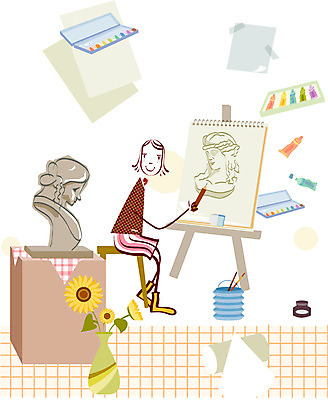 EPS 여자 교육 일러스트 청소년 고등학생 잉크 고등학교 미술 한명 사람 10대 스쿨라이프 꽃병 물감 팔레트 물통 스케치북 석고상 여자만 여자한명만 십대만 십대여자만 십대여자한명만 국내일러스트 1 학생 라이프스타일 꽃 학교 문화예술 학용품 미술도구 파일형식 벡터