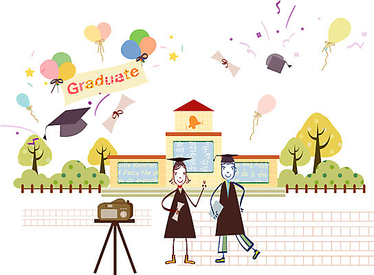 EPS 주간 여자 교육 남자 일러스트 졸업 학교 고등학생 고등학교 사람 야외 두명 스쿨라이프 카메라 졸업장 풍선 십대만 국내일러스트 자연요소 학생 라이프스타일 청소년 전자제품 파일형식 벡터