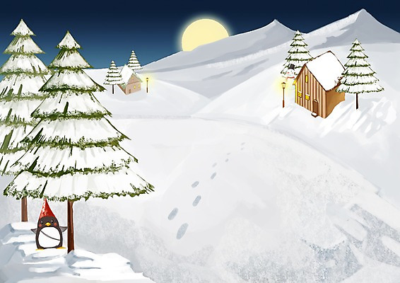 PSD 나무 동물 척추동물 사계절 계절 백그라운드 겨울 일러스트 자연 조류 풍경 사람없음 야외 마을 달 눈 야간 오두막 펭귄 겨울배경 국내일러스트 자연요소 식물 날씨 생태계 파일형식