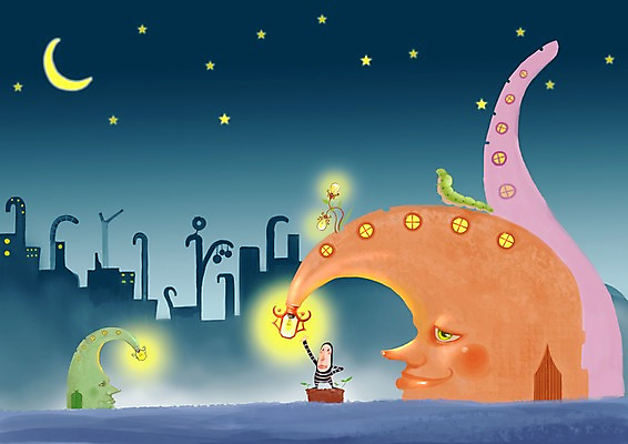 PSD 별 백그라운드 일러스트 상상 동화 요정 사람없음 야외 판타지 외계인 야간 초승달 마법 난쟁이 가상인물 국내일러스트 자연요소 미확인물체 달 파일형식