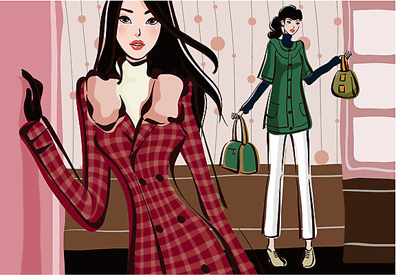 EPS 우먼라이프 라이프스타일 여자 패션 겨울 일러스트 실내 사람 20대 두명 쇼핑 여자만 성인여자만 청년만 청년여자만 성인만 국내일러스트 계절 청년 내부 생활 파일형식 벡터