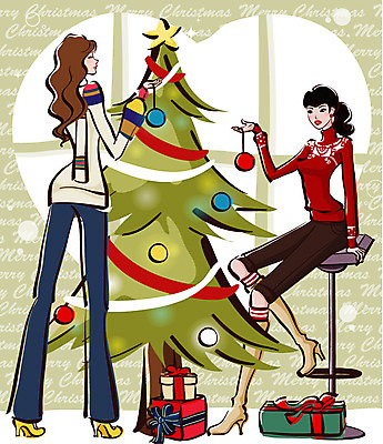 EPS 우먼라이프 라이프스타일 계절 여자 패션 기념일 종교 크리스마스장식 크리스마스 겨울 일러스트 실내 선물 사람 20대 두명 친구 쇼핑 크리스마스트리 여자만 성인여자만 청년만 청년여자만 성인만 국내일러스트 관계 이벤트 청년 내부 생활 파일형식 벡터