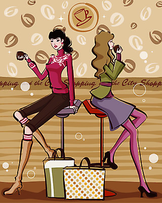 EPS 전신 우먼라이프 라이프스타일 여자 패션 커피 겨울 의자 일러스트 휴식 실내 사람 20대 두명 쇼핑 쇼핑백 카페 상업시설 여자만 성인여자만 청년만 청년여자만 성인만 국내일러스트 계절 음료 가구 컨셉 가방 청년 내부 생활 상점 시설 상업 파일형식 벡터