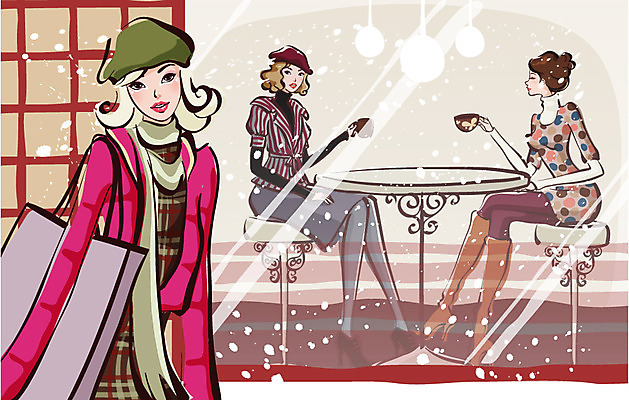 EPS 우먼라이프 라이프스타일 계절 여자 패션 겨울 일러스트 탁자 휴식 사람 20대 세명 쇼핑 카페 눈 도시 상업시설 여자만 성인여자만 청년만 청년여자만 성인만 국내일러스트 자연요소 가구 컨셉 날씨 청년 생활 상점 시설 상업 파일형식 벡터