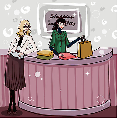 EPS 우먼라이프 라이프스타일 옷 여자 패션 겨울 일러스트 실내 사람 두명 쇼핑 쇼핑백 계산대 고객 직원 옷가게 계산원 여자만 국내일러스트 직업 계절 가방 내부 생활 상점 파일형식 벡터