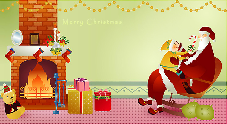 EPS 계절 기념일 남자 종교 어린이 액자 쿠션 크리스마스 겨울 의자 일러스트 촛불 지팡이 실내 선물 사람 두명 장식 선물상자 산타클로스 곰인형 벽난로 흔들의자 남자만 어린이만 소년만 국내일러스트 인형 가구 초 이벤트 내부 상자 파일형식 벡터