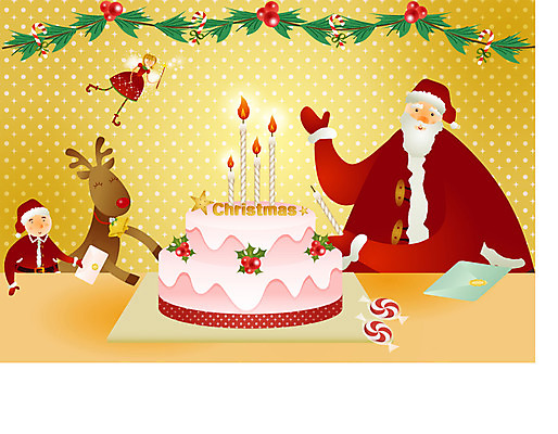 기념일 남자 종교 어린이 크리스마스 일러스트 디저트 사람 산타클로스 케이크 루돌프 꼬마산타 크리스마스요정 크리스마스케이크 남자만 어린이만 소년만 국내일러스트 음식 사슴 요정 이벤트