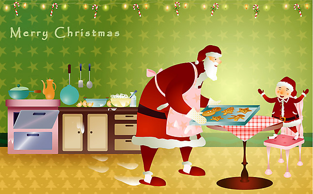 EPS 계절 기념일 남자 종교 어린이 크리스마스 가사 겨울 의자 일러스트 식탁 주전자 실내 요리 사람 두명 산타클로스 쿠키 주방 냄비 계란껍데기 밀가루 꼬마산타 꼬마전구 남자만 어린이만 소년만 국내일러스트 가구 전구 탁자 주방용품 디저트 이벤트 내부 계란 솥 가루 파일형식 벡터