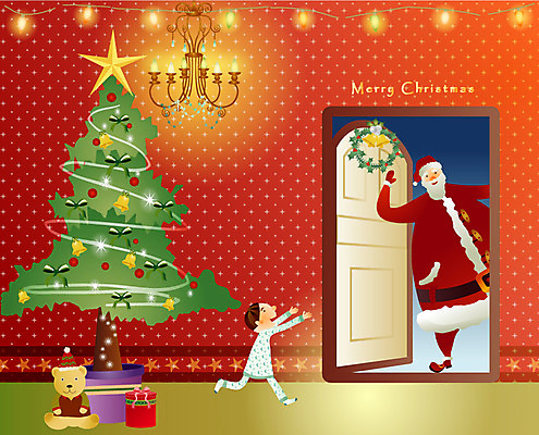 EPS 계절 기념일 남자 종교 어린이 크리스마스 겨울 일러스트 실내 선물 사람 두명 선물상자 크리스마스트리 산타클로스 문 곰인형 야간 샹들리에 꼬마전구 남자만 어린이만 소년만 국내일러스트 자연요소 인형 전구 조명 이벤트 내부 상자 파일형식 벡터