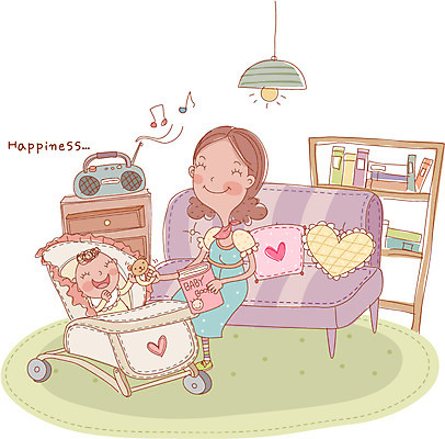 EPS 라이프스타일 여자 남자 행복 음악 거실 일러스트 엄마 실내 사람 두명 소파 임신 육아 아기 유모차 국내일러스트 감정 의자 가족 문화예술 내부 생활 아기용품 파일형식 벡터
