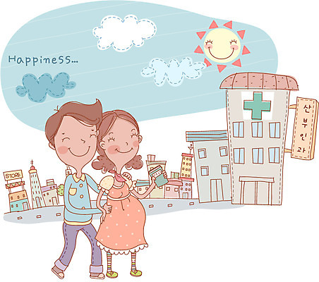 EPS 주간 라이프스타일 부부 커플 여자 남자 행복 일러스트 병원 미소 웃음 사람 빌딩 야외 두명 건물 태양 건강관리 임산부 임신 도시 외출 산부인과 산모수첩 정기검진 국내일러스트 자연요소 건축물 감정 의학 관계 표정 건강 관리 생활 다이어리 진료 파일형식 벡터