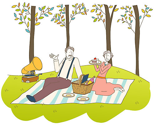 나무 커플 여자 남자 일러스트 사람 실버라이프 소풍 노부부 조각케이크 도시락 축음기 국내일러스트 식물 라이프스타일 부부 음식 음향기기 관계 야외활동 케이크 골동품