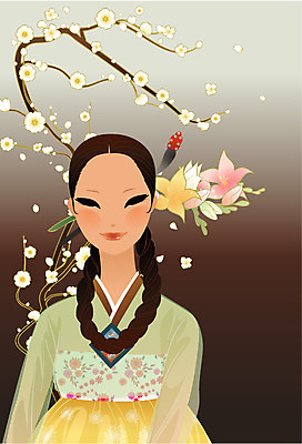 EPS 식물 한국문화 한국전통 여자 명절 꽃 일러스트 새해 표정 한명 미소 사람 상반신 20대 성인 전통의상 한복 미인 매화 댕기머리 치마저고리 여자만 여자한명만 성인여자만 청년만 청년여자만 성인한명만 청년여자한명만 성인여자한명만 성인만 국내일러스트 1 동양문화 전통 헤어스타일 기념일 한국 청년 파일형식 벡터