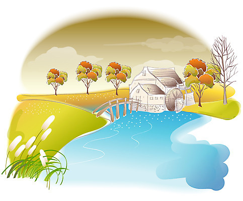 EPS 나무 해외풍경 사계절 계절 백그라운드 일러스트 자연 풍경 사람없음 야외 마을 가을풍경 가을 개울 오두막 물레방아 가교 가을배경 국내일러스트 식물 해외 건축물 강 생태계 파일형식 벡터 가을_계절