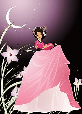 EPS 한국문화 한국전통 여자 명절 꽃 별 일러스트 새해 한명 사람 20대 성인 야외 야간 초승달 전통의상 한복 미인 여자만 여자한명만 성인여자만 청년만 청년여자만 성인한명만 청년여자한명만 성인여자한명만 성인만 국내일러스트 자연요소 식물 1 동양문화 전통 기념일 한국 청년 달 파일형식 벡터