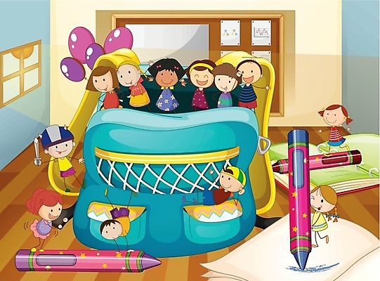 EPS 해외이미지 여자 어린이교육 교육 남자 어린이 가방 일러스트 창문 학교 책가방 사람 소년 책 연필 펜 해외202004 해외일러스트 잡화 학용품 필기구 파일형식 벡터