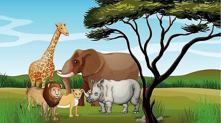 EPS 해외이미지 나무 식물 동물 일러스트 아프리카 자연 하늘 코끼리 산 풍경 그래픽 컬러풀 환경 자신감 호랑이 숲 사자 큼 만화 땅 기린 그림 황소 영토 장면 멸종 서식지 암사자 해외202004 해외일러스트 감정 나라 컬러 포유류 소 크기 암컷 생태계 파일형식 벡터