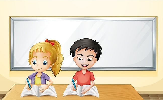 EPS 해외이미지 학생 여자 어린이교육 교육 남자 어린이 일러스트 교실 학교 탁자 사람 소년 책 학습 펜 공책 화이트보드 해외202004 해외일러스트 가구 문구용품 필기구 파일형식 벡터