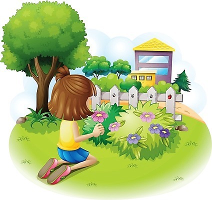 EPS 해외이미지 나무 여자 꽃 어린이 일러스트 한명 앉기 울타리 정원 소녀한명만 해외202004 해외일러스트 식물 1 모션 사람 담장 여자한명만 소녀만 파일형식 벡터